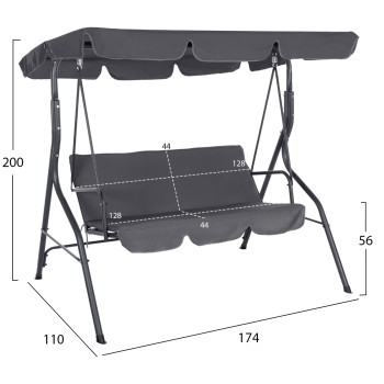 PORCH SWINGER 3-SEATER WITH SUNSHIELD LIKID FK5979.01 METAL FRAME AND FABRIC IN GREY 170x110x153Hcm. PORCH SWINGER 3-SEATER WITH SUNSHIELD LIKID FK5979.01 METAL FRAME AND FABRIC IN GREY 170x110x153Hcm.