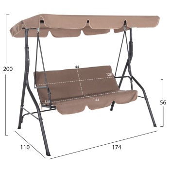 PORCH SWINGER 3-SEATER WITH SUNSHIELD LIKID FK5979.02 METAL GREY- FABRIC IN BROWN 174x110x200Hcm. PORCH SWINGER 3-SEATER WITH SUNSHIELD LIKID FK5979.02 METAL GREY- FABRIC IN BROWN 174x110x200Hcm.