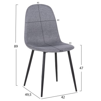 DINING CHAIR LEONARDO FK00100.26 GREY FABRIC & BLACK METAL LEGS 42x49,5x89Hcm.