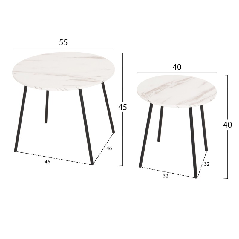 COFFEE TABLES 2PCS ROUND CUPPER FK9878.12 MELAMINE IN WHITE MARBLE-BLACK METAL Φ55x45Hcm.
