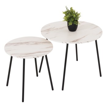 COFFEE TABLES 2PCS ROUND CUPPER FK9878.12 MELAMINE IN WHITE MARBLE-BLACK METAL Φ55x45Hcm.