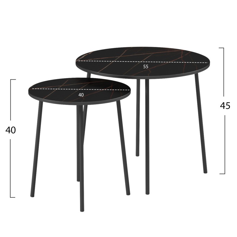 COFFEE TABLES 2PCS ROUND CUPPER FK9878.13 MELAMINE IN BLACK MARBLE-BLACK METAL Φ55x45Hcm.