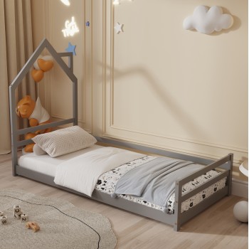 BED FOR KIDS HOUSER FK676.05 t.MONTESSORI SOLID PINE WOOD IN GREY- 190x90cm.