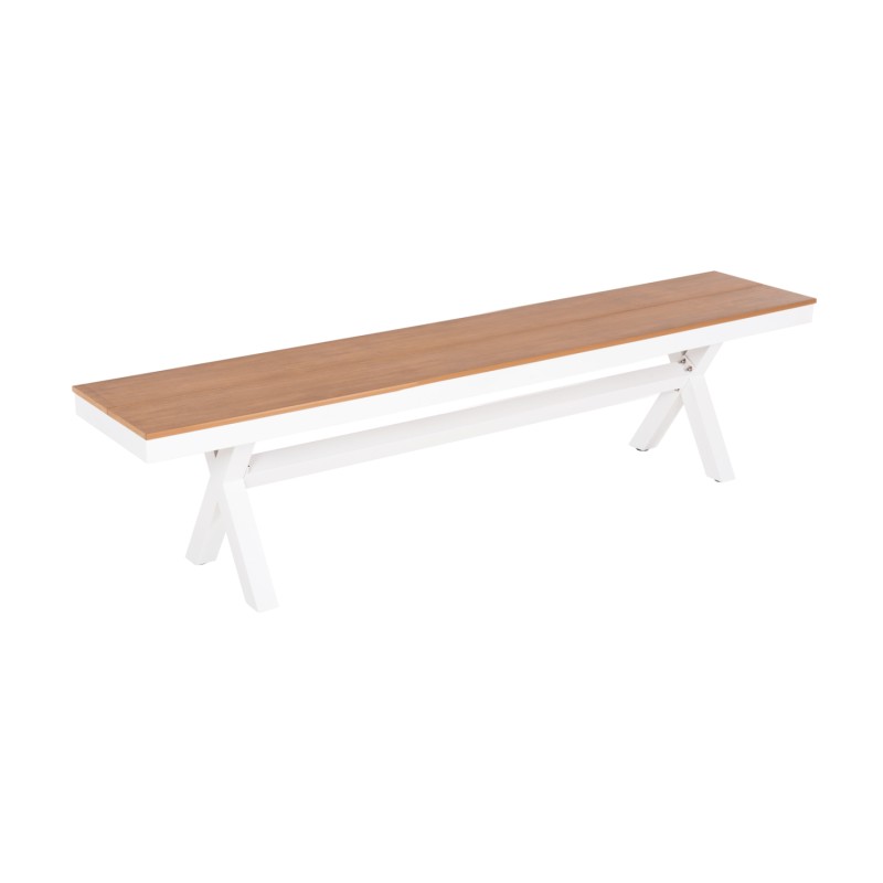 ALUMINUM BENCH TAWNEE FK6038.02 WHITE WITH POLYWOOD SEAT IN NATURAL WOOD COLOR 150x36x45Hcm. ALUMINUM BENCH TAWNEE FK6038.02 WHITE WITH POLYWOOD SEAT IN NATURAL WOOD COLOR 150x36x45Hcm.