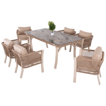 OUTDOOR DINING SET 7PCS DRIMM FK6119.01 ALUMINUM IN BEIGE-HPL GREY MARBLE-CAPUCCINO CUSHIONS AND ROPE