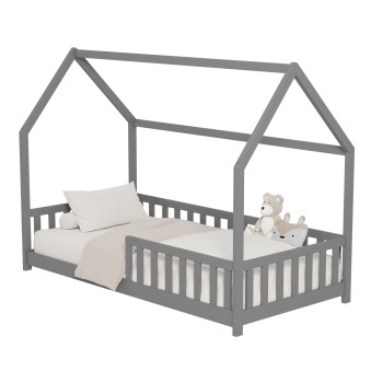 BED FOR KIDS WITH FENCE PHYLLIS FK679.05 t.MONTESSORI SOLID PINE WOOD IN GREY- 190x90cm.