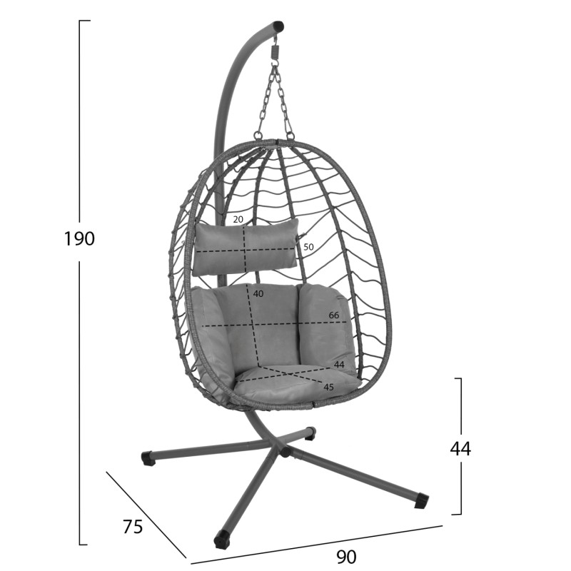 HANGING NEST MILLIE FK5997.10 METAL BASE-SYNTHETIC RATTAN AND CUSHIONS IN GREY 90x75x190Hcm. HANGING NEST MILLIE FK5997.10 METAL BASE-SYNTHETIC RATTAN AND CUSHIONS IN GREY 90x75x190Hcm.