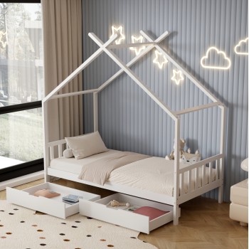 BED FOR KIDS KLARICE FK680.03 t.MONTESSORI-2 DRAWERS- SOLID PINE WOOD IN WHITE- 190x90cm.