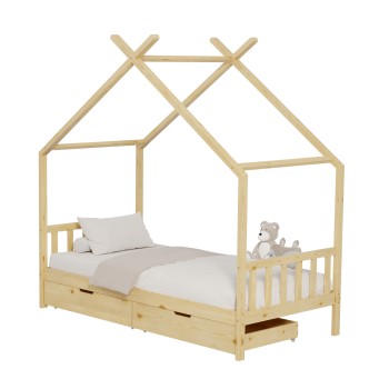 BED FOR KIDS KLARICE FK680.01 t.MONTESSORI-2 DRAWERS- SOLID PINE WOOD IN NATURAL- 190x90cm.
