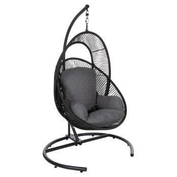 HANGING NEST RULER FK6083 BLACK METAL AND SYNTH.RATTAN-GREY CUSHIONS 120x110x190Hcm.