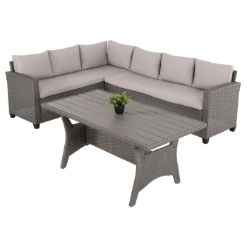 OUTDOOR LOUNGE SET CORNER SOFA&TABLE CARSON FK6078.01 GREY SYNTHETIC RATTAN-CUSHIONS-PS WOOD