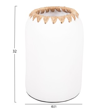 DECORATIVE VASE FK4377 TERRACOTTA IN WHITE WITH STRAW WEAVING ON THE RIM Φ21Χ32Hcm. DECORATIVE VASE FK4377 TERRACOTTA IN WHITE WITH STRAW WEAVING ON THE RIM Φ21Χ32Hcm.