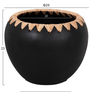 DECORATIVE VASE FK4374 TERRACOTTA IN BLACK WITH STRAW WEAVING ON THE RIM Φ29x23Hcm. DECORATIVE VASE FK4374 TERRACOTTA IN BLACK WITH STRAW WEAVING ON THE RIM Φ29x23Hcm.