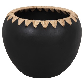 DECORATIVE VASE FK4374 TERRACOTTA IN BLACK WITH STRAW WEAVING ON THE RIM Φ29x23Hcm.