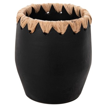 DECORATIVE VASE FK4368 TERRACOTTA IN BLACK WITH STRAW WEAVING ON THE RIM Φ13x16Hcm.