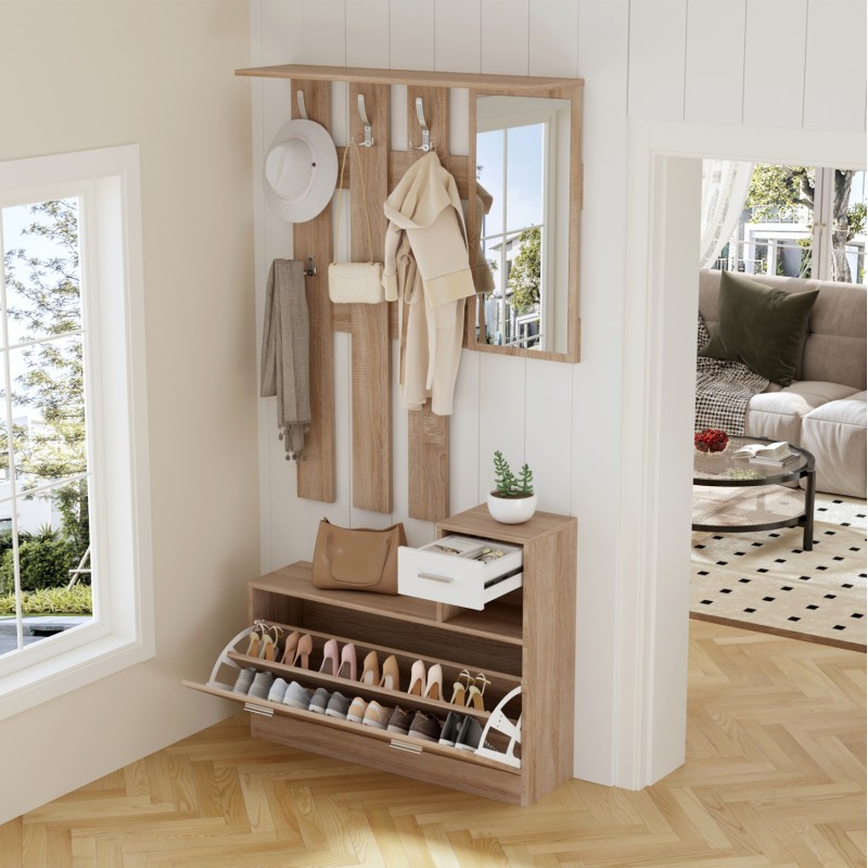 ENTRYWAY SET WITH MIRROR GORN FK2473.04 MELAMINE IN SONAMA-WHITE 90x24x190Hcm. ENTRYWAY SET WITH MIRROR GORN FK2473.04 MELAMINE IN SONAMA-WHITE 90x24x190Hcm.