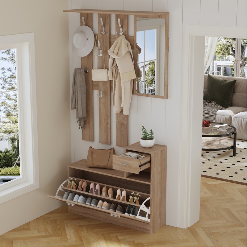 ENTRYWAY SET WITH MIRROR GORN FK2473.01 MELAMINE IN SONAMA 90x24x190Hcm. ENTRYWAY SET WITH MIRROR GORN FK2473.01 MELAMINE IN SONAMA 90x24x190Hcm.