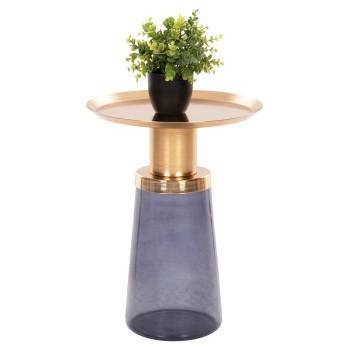 SIDE TABLE BALLIN FK9725 BLUE GLASS-METAL IN GOLD Φ37,5x49,5Hcm.