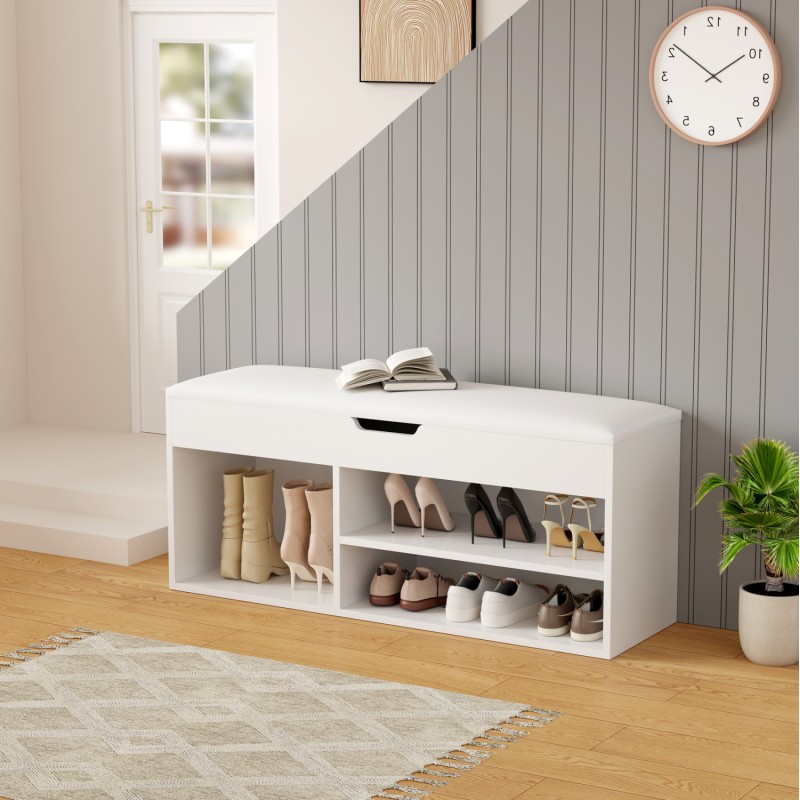SHOE RACK WITH SEAT ROMIR FK2478.03 MELAMINE IN WHITE-WHITE SEAT 100x30x44Hcm. SHOE RACK WITH SEAT ROMIR FK2478.03 MELAMINE IN WHITE-WHITE SEAT 100x30x44Hcm.