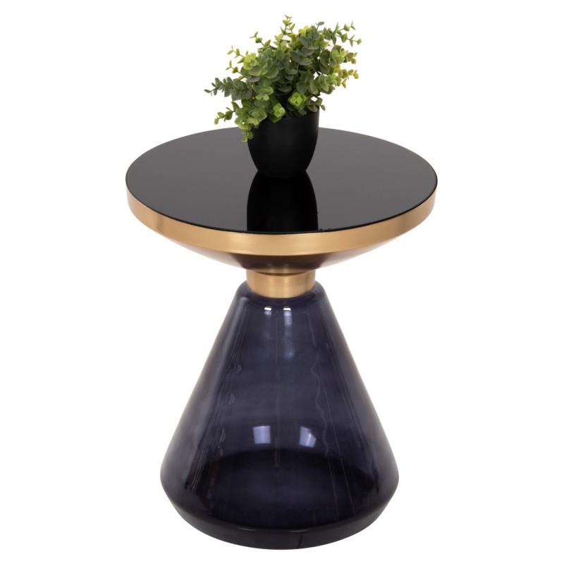 SIDE TABLE DEMMY FK9727 BLACK GLASS TOP & PURPLE GLASS BASE-METAL IN GOLD "NECK" Φ41x48Hcm.