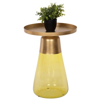 SIDE TABLE VALERY FK9732 LIGHT GREEN GLASS BASE-METAL TOP IN GOLD Φ39,5x52Hcm.