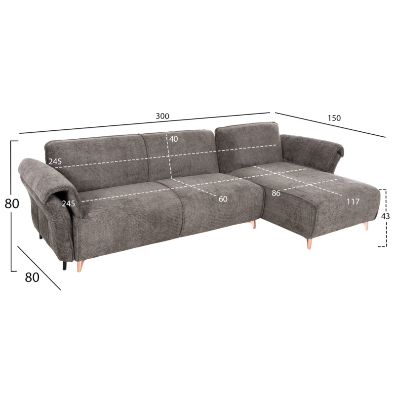 CORNER REVERSIBLE SOFA-BED MAILO FK6071.02 DARK GREY FABRIC-METAL LEGS 300x150x80Hcm.