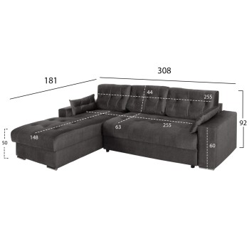 CORNER (LEFT) SOFA-BED WITH STORAGE SPACE CLANCY FK3281.02L ANTHRACITE FABRIC 308x181x92Hcm.