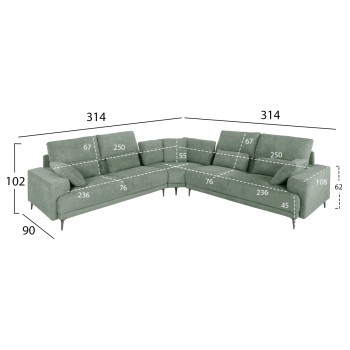 CORNER SOFA SYMMET FK3269.06 MINT FABRIC-GLOSSY ANTHRACITE LEGS 314x314x90-102Hcm.