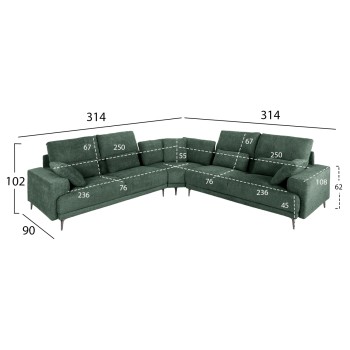 CORNER SOFA SYMMET FK3269.05 GREEN FABRIC-GLOSSY ANTHRACITE LEGS 314x314x90-102Hcm.
