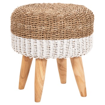 STOOL BEAM FK7827.01 TEAK WOOD AND SEAGRASS RUSH IN NATURAL & WHITE Φ42x46Hcm.