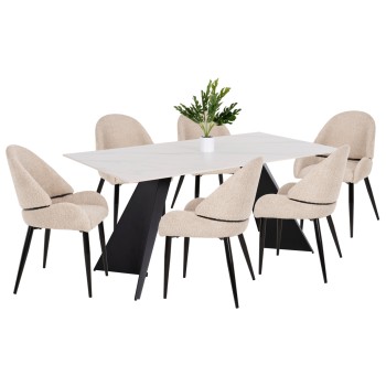 INDOOR DINING SET 7PCS POSE FK21046 TABLE WITH CERAMIC TOP- 6 CHAIRS IN ECRU COLOR