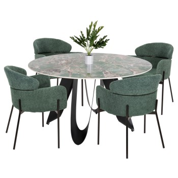INDOOR DINING SET 5PCS ZOD FK21045 ROUND TABLE WITH CERAMIC TOP-4 ARMCHAIRS IN PETROL GREEN