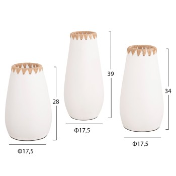 SET 3PCS DECORATIVE VASES FK4373 TERRACOTTA IN WHITE WITH STRAW WEAVING ON THE RIM SET 3PCS DECORATIVE VASES FK4373 TERRACOTTA IN WHITE WITH STRAW WEAVING ON THE RIM
