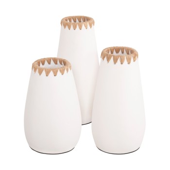 SET 3PCS DECORATIVE VASES FK4373 TERRACOTTA IN WHITE WITH STRAW WEAVING ON THE RIM