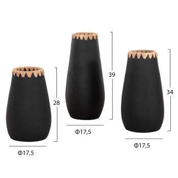 SET 3PCS DECORATIVE VASES FK4372 TERRACOTTA IN BLACK WITH STRAW WEAVING ON THE RIM SET 3PCS DECORATIVE VASES FK4372 TERRACOTTA IN BLACK WITH STRAW WEAVING ON THE RIM