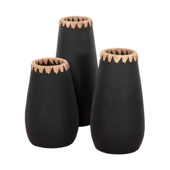 SET 3PCS DECORATIVE VASES FK4372 TERRACOTTA IN BLACK WITH STRAW WEAVING ON THE RIM