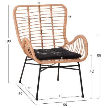 OUTDOOR ARMCHAIR BERGERE STYLE ALLEGRA FK5704.11 P.E.RATTAN BEIGE-BLACK METAL FRAME 66x59x90Hcm.