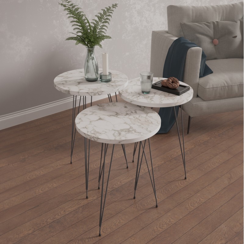 SET OF 3 ROUND SIDE TABLES NISSA FK18173.01 MELAMINE IN WHITE MARBLE-BLACK METAL LEGS SET OF 3 ROUND SIDE TABLES NISSA FK18173.01 MELAMINE IN WHITE MARBLE-BLACK METAL LEGS