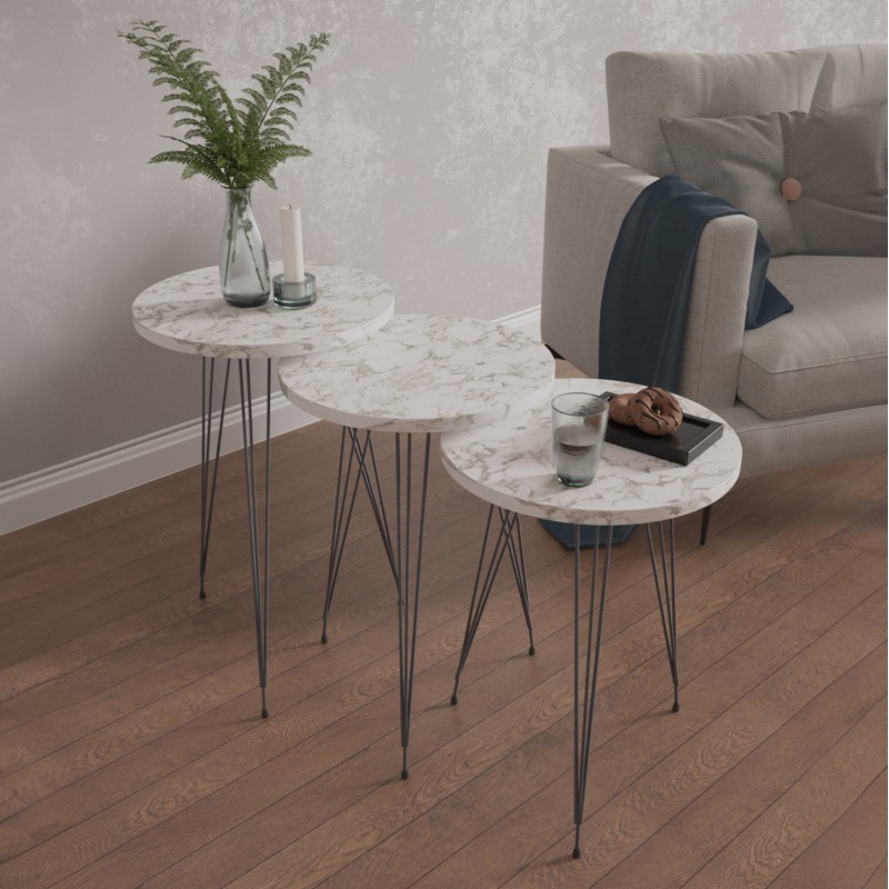 SET OF 3 ROUND SIDE TABLES NISSA FK18173.01 MELAMINE IN WHITE MARBLE-BLACK METAL LEGS SET OF 3 ROUND SIDE TABLES NISSA FK18173.01 MELAMINE IN WHITE MARBLE-BLACK METAL LEGS