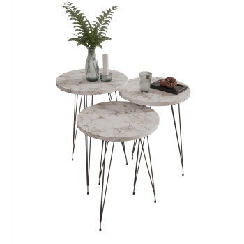 SET OF 3 ROUND SIDE TABLES NISSA FK18173.01 MELAMINE IN WHITE MARBLE-BLACK METAL LEGS