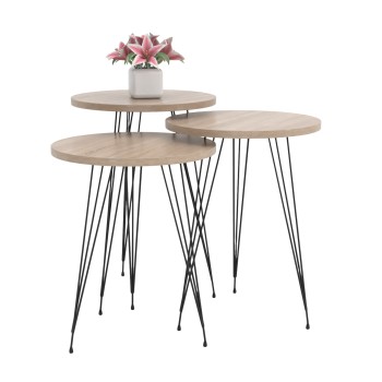 SET OF 3 ROUND SIDE TABLES NISSA FK18173.03 MELAMINE IN SONAMA-BLACK METAL LEGS