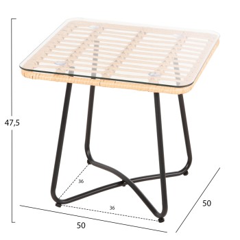 COFFEE TABLE GERRY FK5717.11 P.E.RATTAN IN BEIGE-BLACK METAL FRAME 50x50x47,5Hcm.