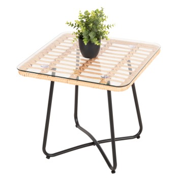 COFFEE TABLE GERRY FK5717.11 P.E.RATTAN IN BEIGE-BLACK METAL FRAME 50x50x47,5Hcm.