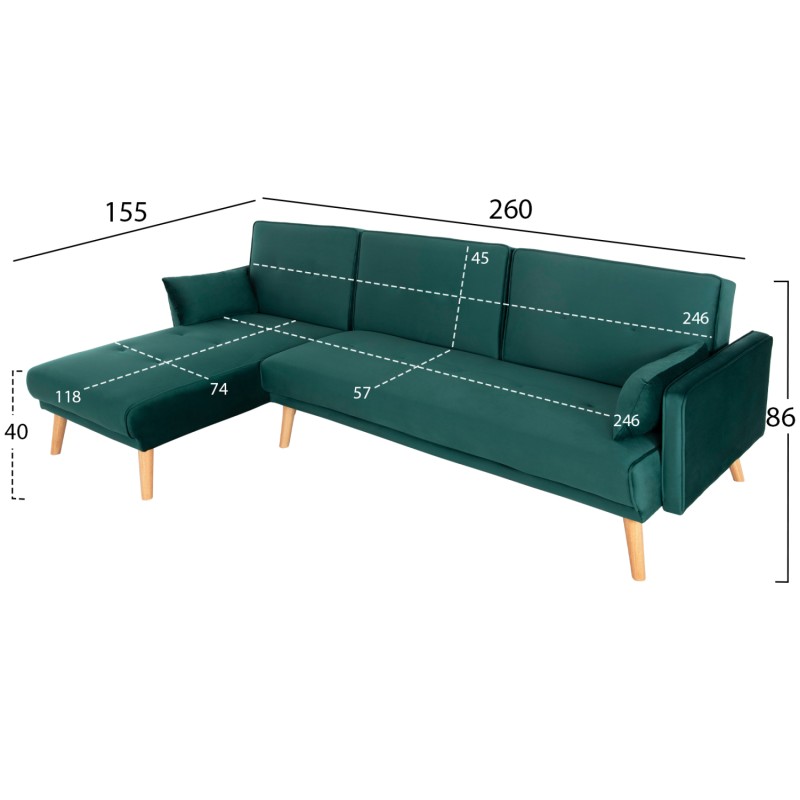 CORNER SOFA-BED REVERSIBLE PANTHEA FK3127.13 CYPRESS GREEN VELVET 260x155x86Hcm.