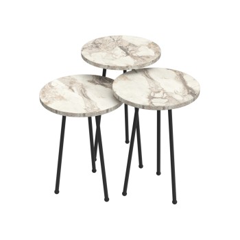 SET OF 3 ROUND SIDE TABLES KISSA FK18174.01 MELAMINE IN WHITE MARBLE COLOR-BLACK METAL LEGS SET OF 3 ROUND SIDE TABLES KISSA FK18174.01 MELAMINE IN WHITE MARBLE COLOR-BLACK METAL LEGS