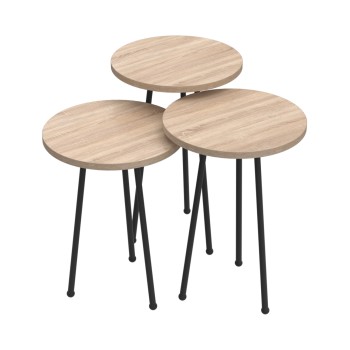 SET OF 3 ROUND SIDE TABLES KISSA FK18174.03 MELAMINE IN SONAMA COLOR-BLACK METAL LEGS SET OF 3 ROUND SIDE TABLES KISSA FK18174.03 MELAMINE IN SONAMA COLOR-BLACK METAL LEGS