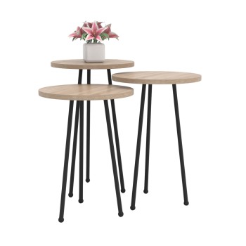 SET OF 3 ROUND SIDE TABLES KISSA FK18174.03 MELAMINE IN SONAMA COLOR-BLACK METAL LEGS