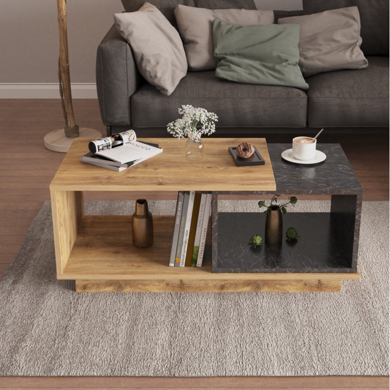 COFFEE TABLE TELES FK18181.02 MELAMINE IN NATURAL WOOD & BLACK MARBLE COLOR 100x45x42Hcm. COFFEE TABLE TELES FK18181.02 MELAMINE IN NATURAL WOOD & BLACK MARBLE COLOR 100x45x42Hcm.