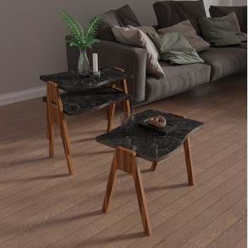 SIDE TABLES 3PCS SET ESSENT FK18175.02 MELAMINE IN WALNUT-BLACK MARBLE TOP 45x35x40Hcm. SIDE TABLES 3PCS SET ESSENT FK18175.02 MELAMINE IN WALNUT-BLACK MARBLE TOP 45x35x40Hcm.
