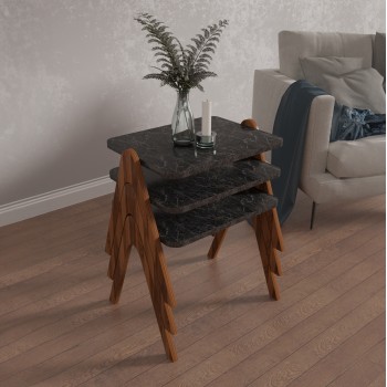 SIDE TABLES 3PCS SET REACHER FK18176.02 MELAMINE IN WALNUT-BLACK MARBLE TOP 40x30x40Hcm. SIDE TABLES 3PCS SET REACHER FK18176.02 MELAMINE IN WALNUT-BLACK MARBLE TOP 40x30x40Hcm.